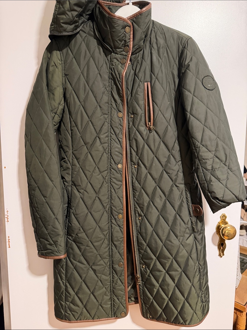 Lauren Ralph Lauren Olive Green Quilted Field Coat with Tan Trim